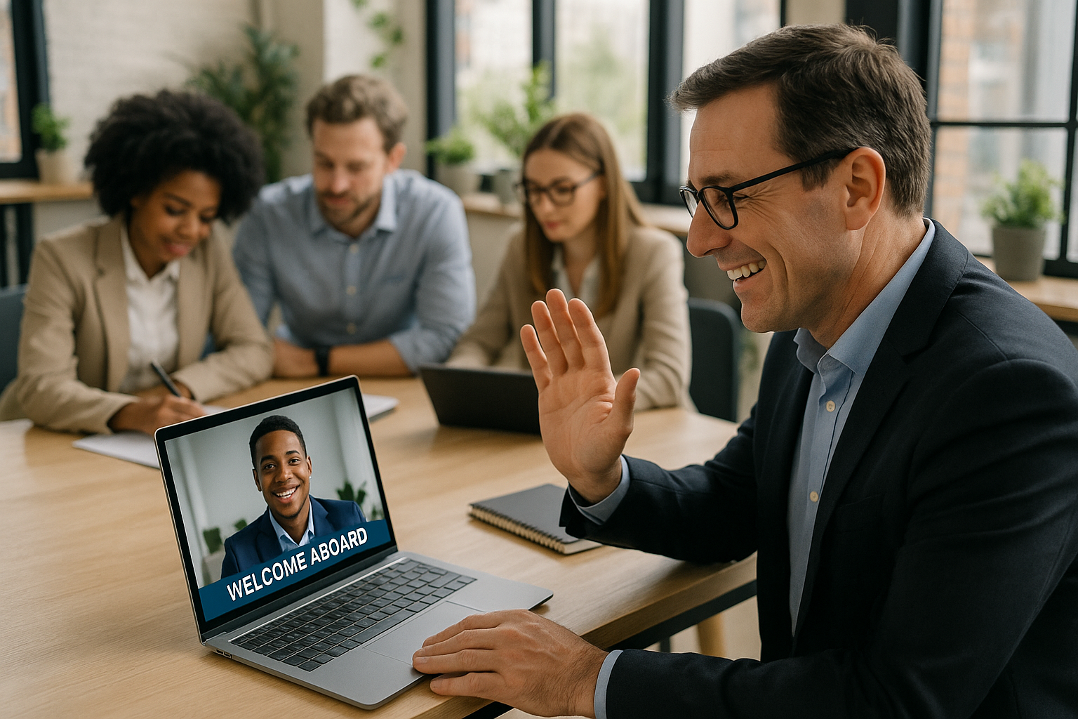 Manager welcoming a new hire on a video call while teammates collaborate in an office